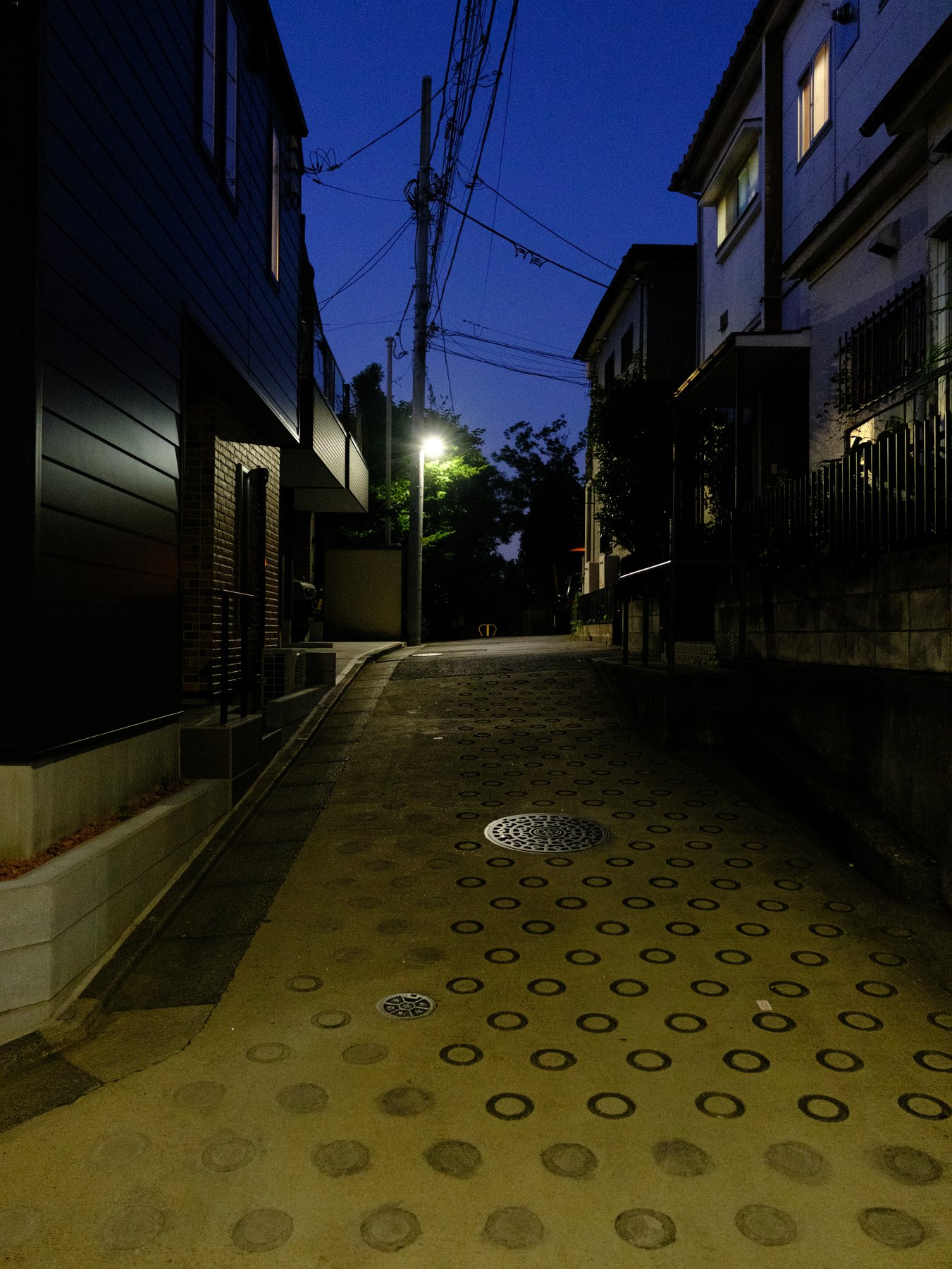 A quiet residential Tokyo alley photographed during blue hour